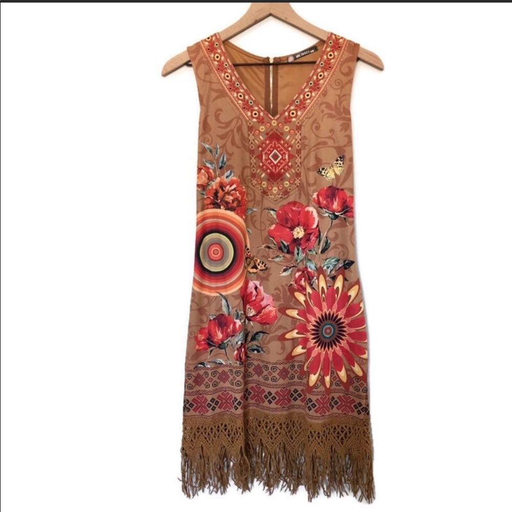 New tan and red floral velvet fringe hem Dress S/M